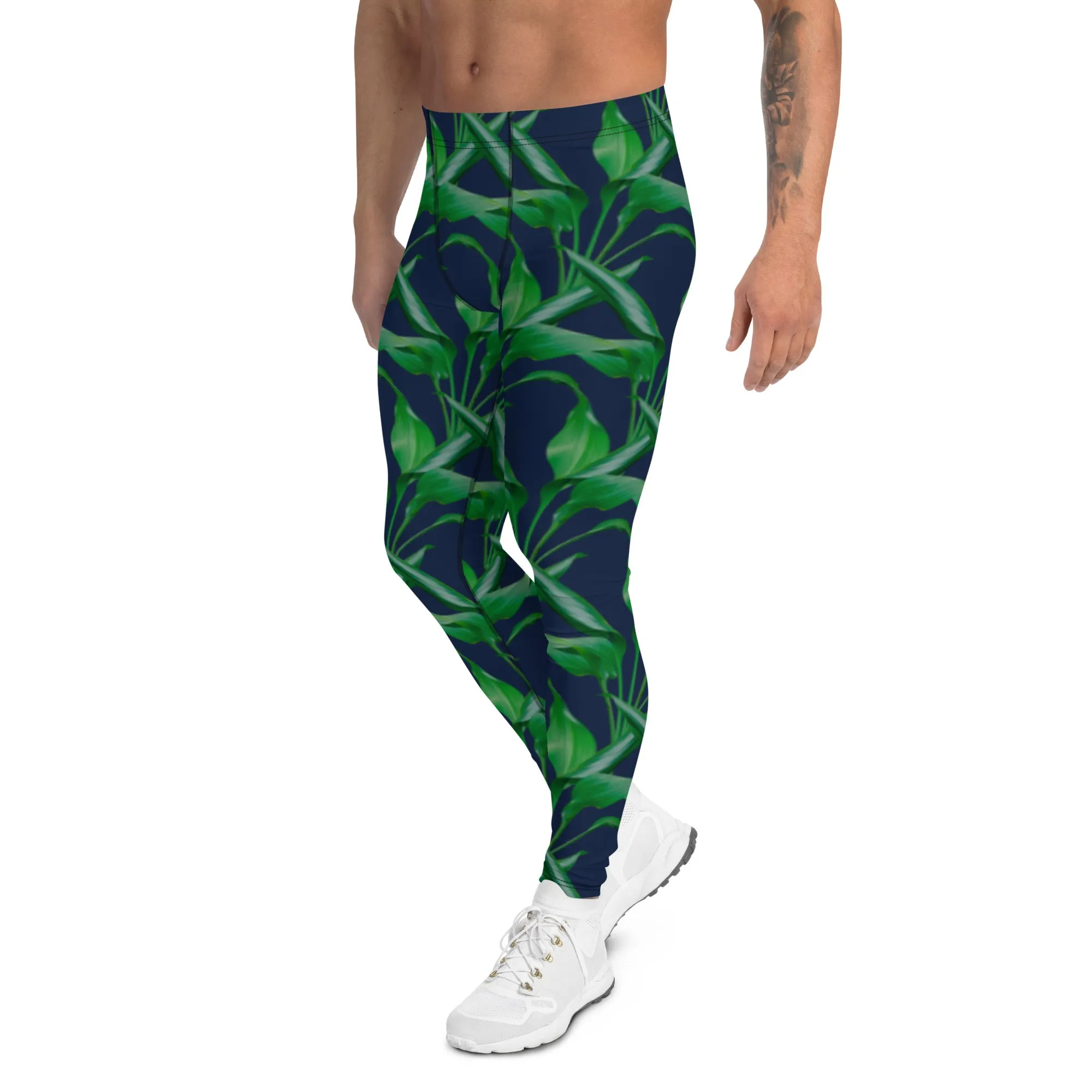 Blue Tropical Leaf Men's Leggings, Tropical Leaves Print Designer Running Compression Tights For Men - Made in USA/EU/MX