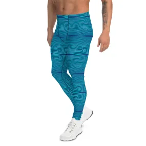 Blue Wavy Print Men's Leggings, Retro Style Wavy Designer Men's Compression Sports Tights - Made in USA/EU/MX