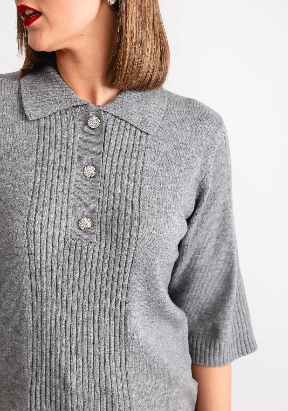 B.Young Manina Button Neck Polo Sweater, Grey