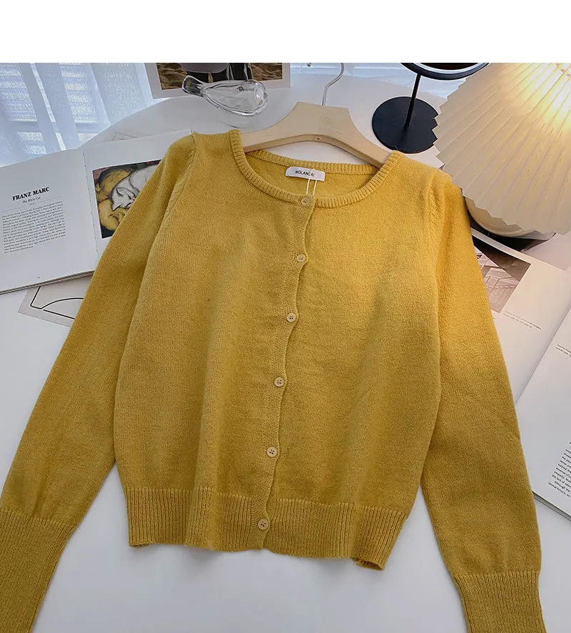 Cardigan knitted coat solid color long sleeve single breasted top  6661