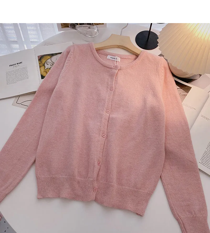 Cardigan knitted coat solid color long sleeve single breasted top  6661