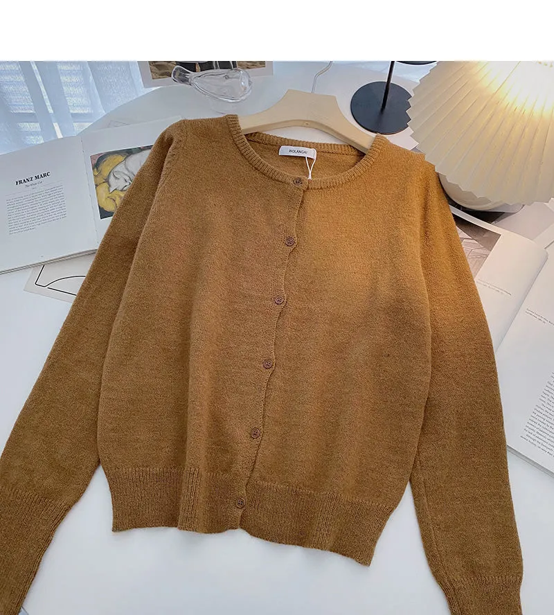 Cardigan knitted coat solid color long sleeve single breasted top  6661