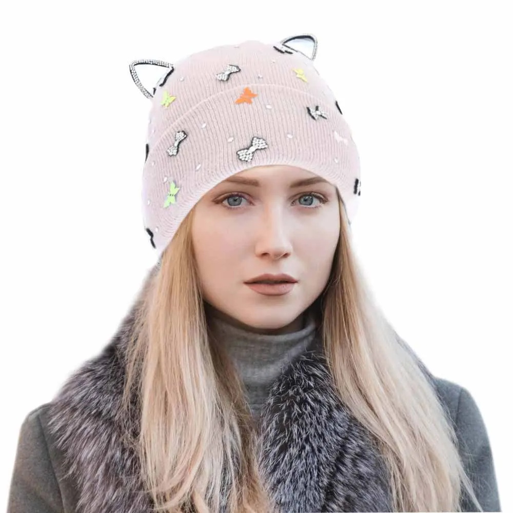 Cat Ear Ribbon Stone Embellished Beanie Hat