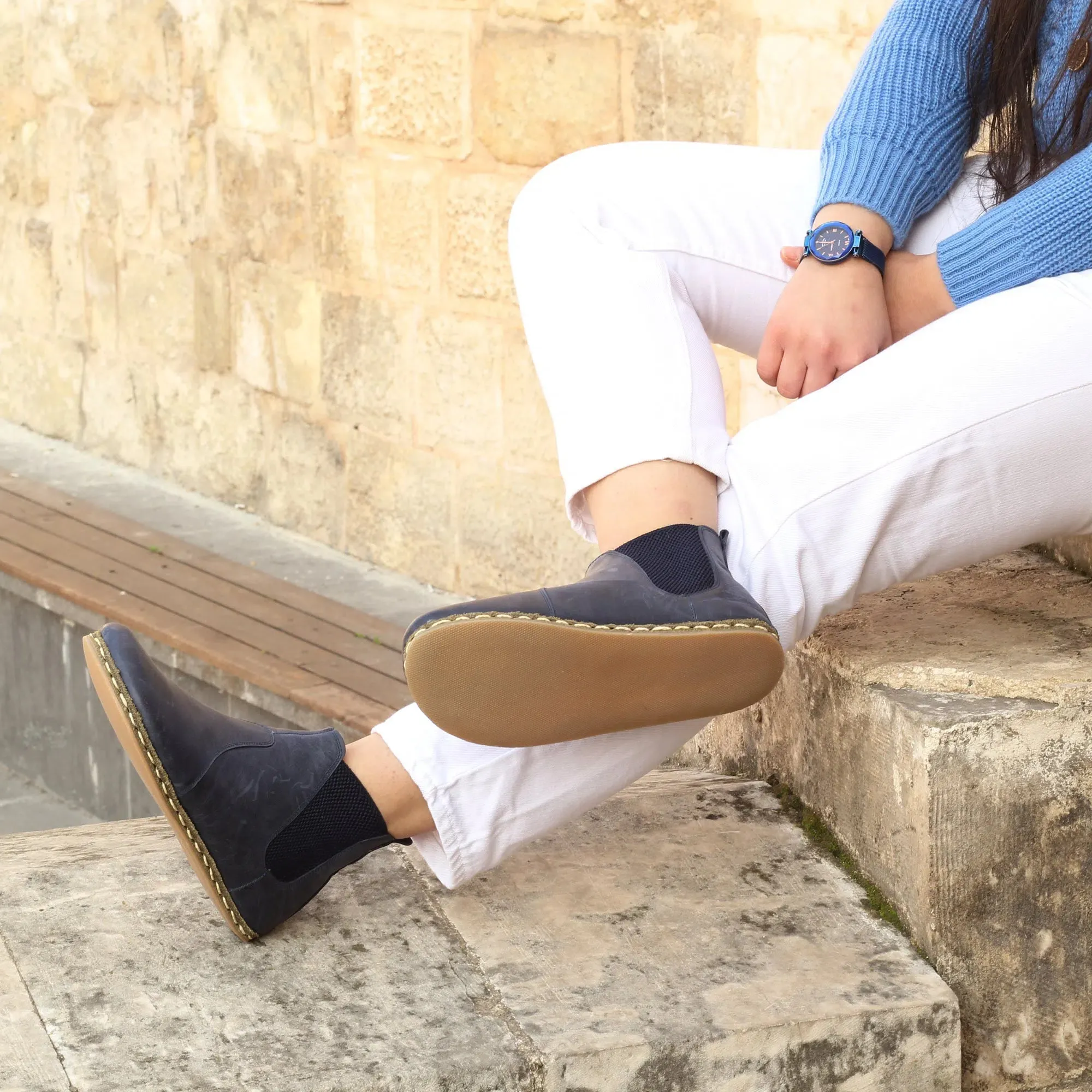 Chelsea Barefoot Boots Navy Blue Handmade Women's