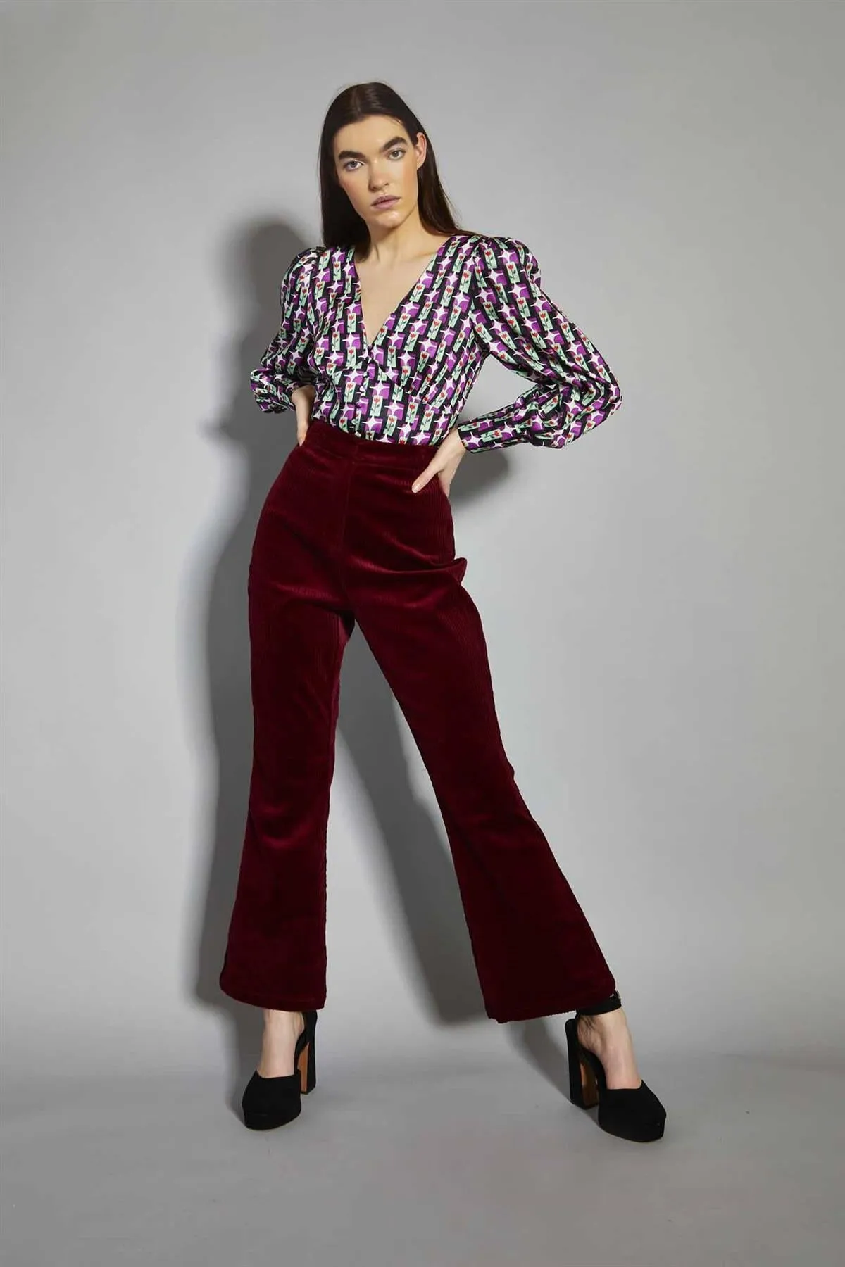 Claret-Corduroy Flared-Trousers