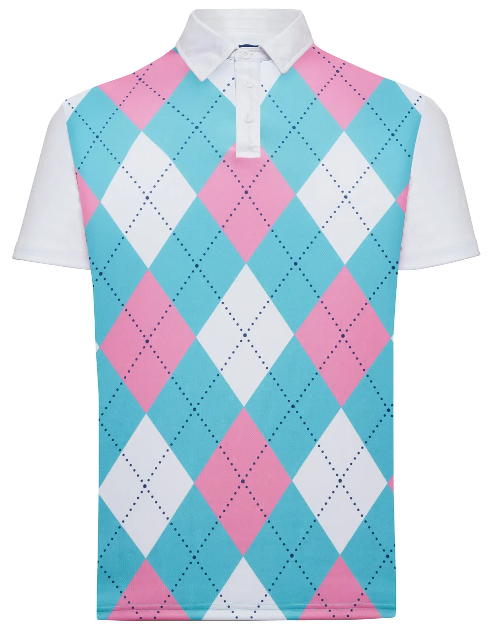 Classic Argyle Mens Golf Polo Shirt - Pink, Light Blue & White by ReadyGOLF