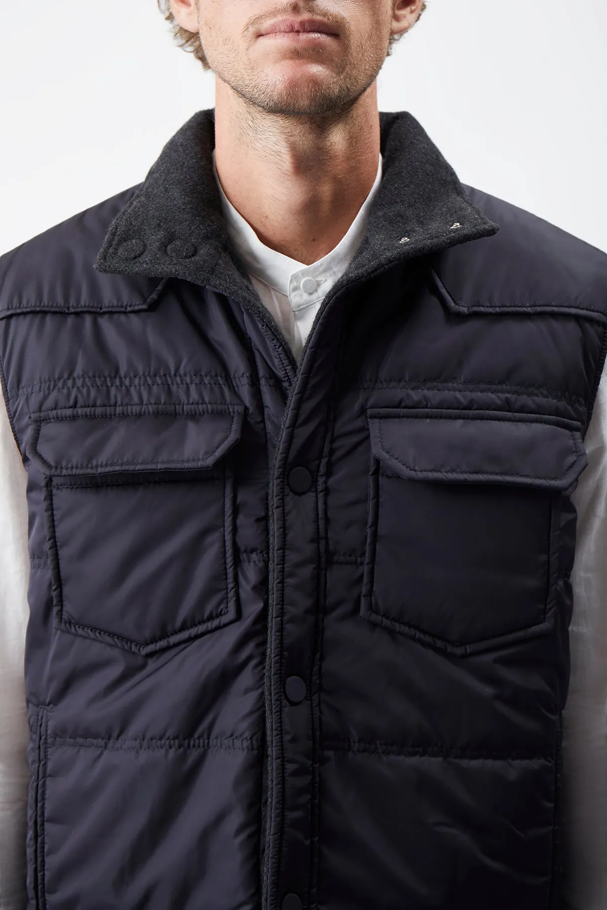 Clay Reversible Puffer Vest in Charcoal Cashmere and Nylon