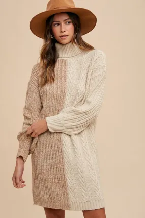 Color Block Mini Turtleneck Sweater Dress in Taupe