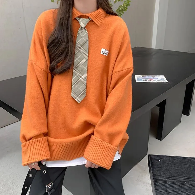 Colorful Patches Polo Collar With Tie Knit Loose Sweater