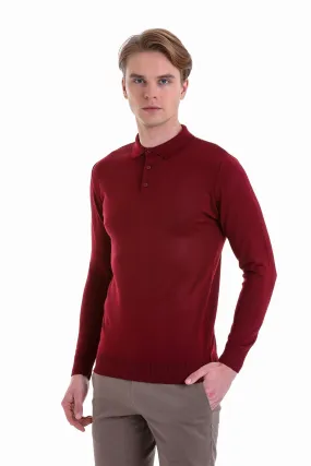 Comfort Fit Wool Blend Burgundy Polo Sweater