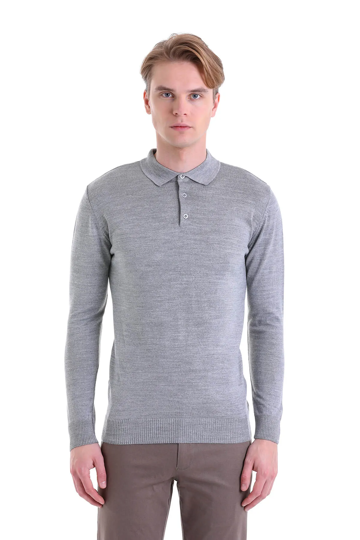 Comfort Fit Wool Blend Gray Polo Sweater