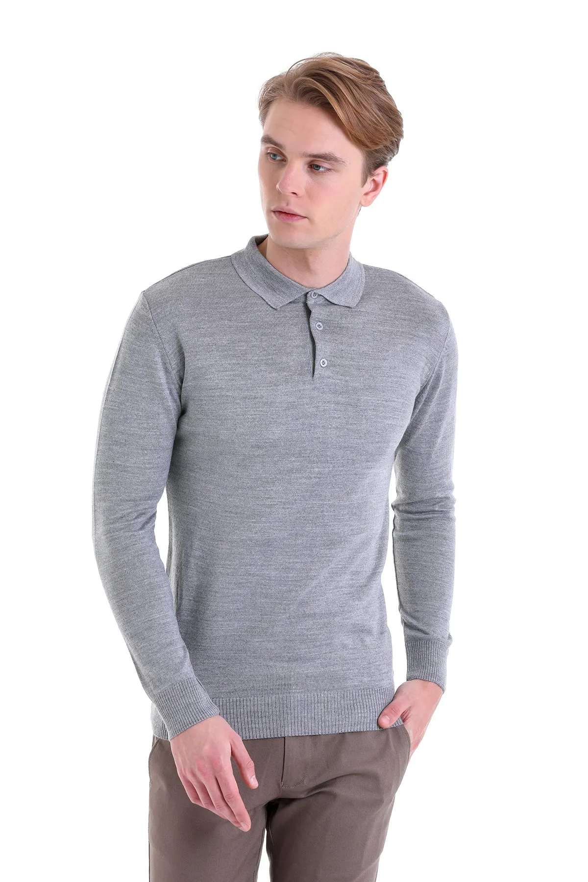 Comfort Fit Wool Blend Gray Polo Sweater