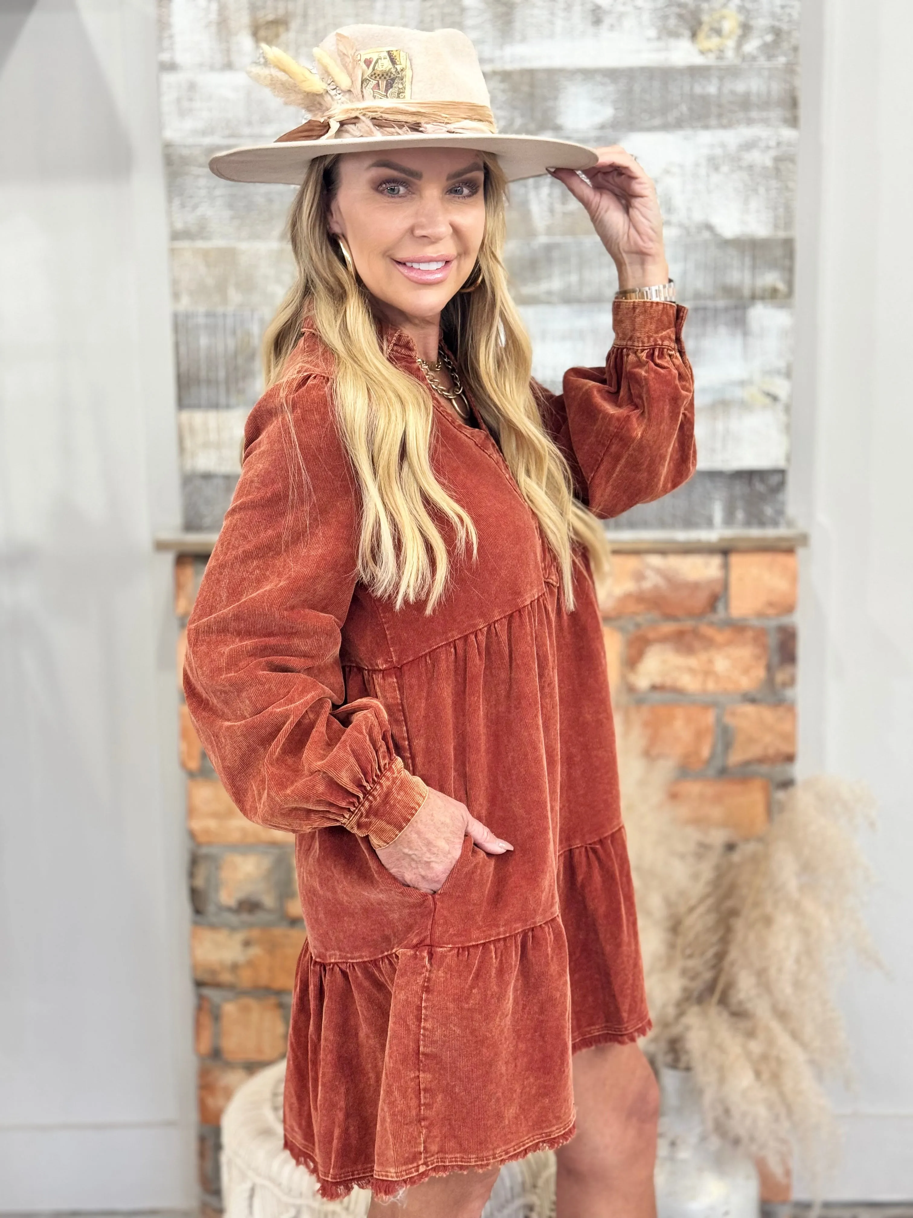 Corduroy Bubble Sleeve Dress