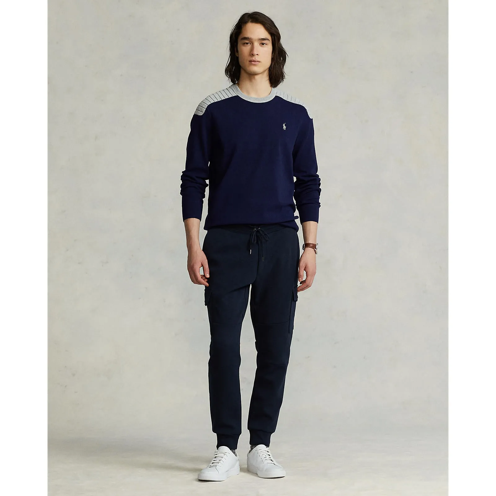 Cotton Blend Crew Neck Sweater - Navy/Grey