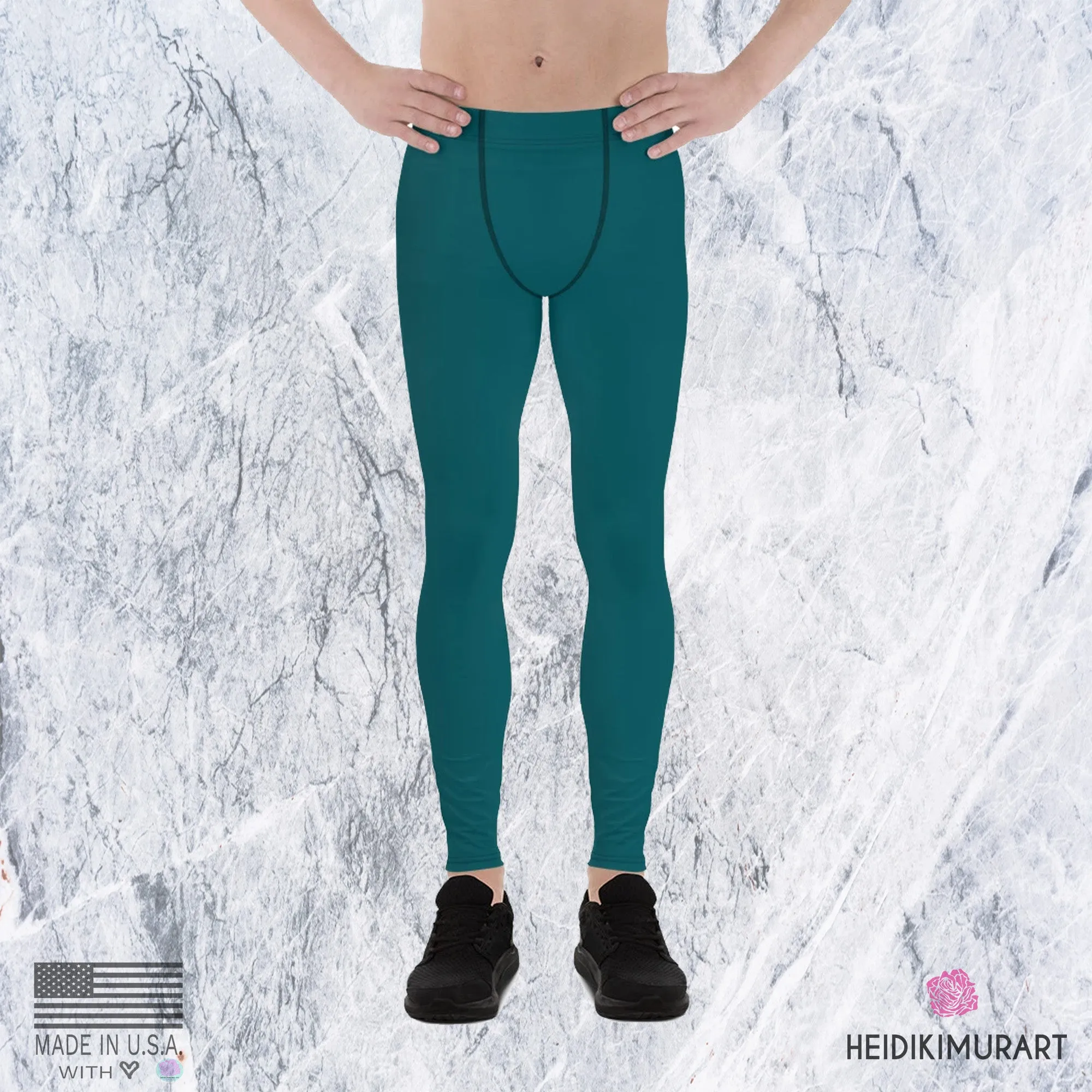 Dark Teal Blue Meggings, Solid Color Compression Tights Men's Leggings-Made in USA/EU