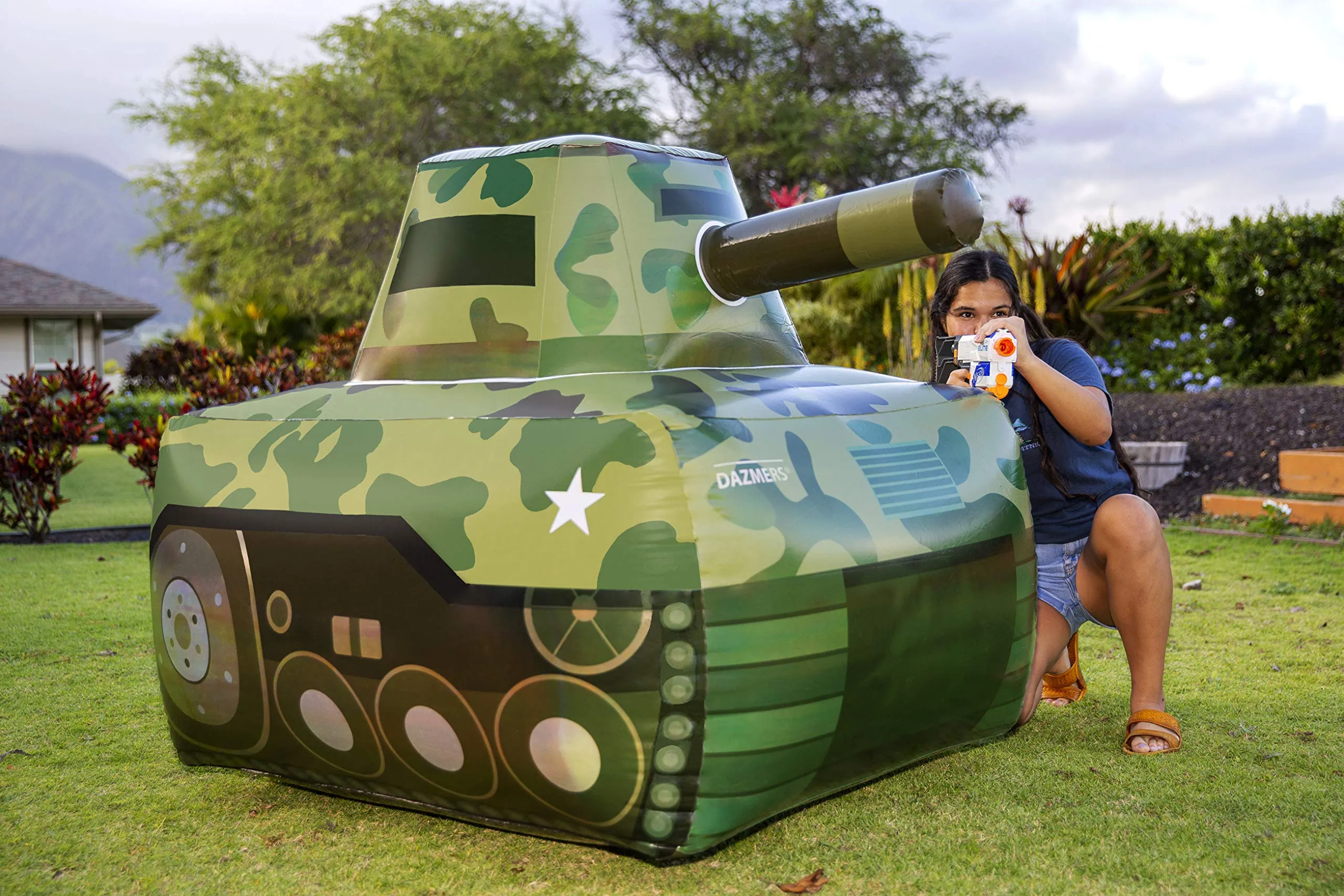 Dazmers Inflatable Army Tank - Inflatable Military Battle Tank for Nerf Party War