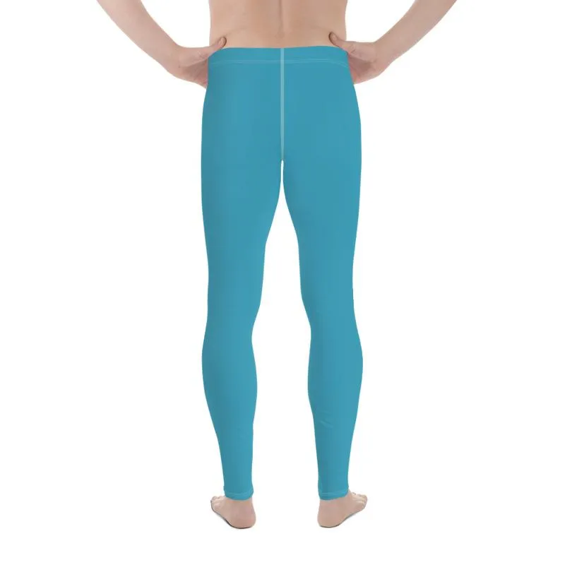 Deep Sky Blue Color Meggings, Solid Blue Color Premium Men's Workout Leggings - Made in USA/EU