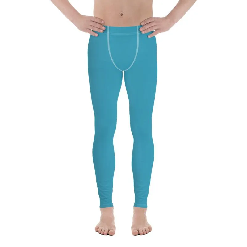 Deep Sky Blue Color Meggings, Solid Blue Color Premium Men's Workout Leggings - Made in USA/EU