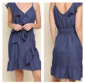 Denim Spaghetti Wrap Ruffle Sleeveless Mini Dress