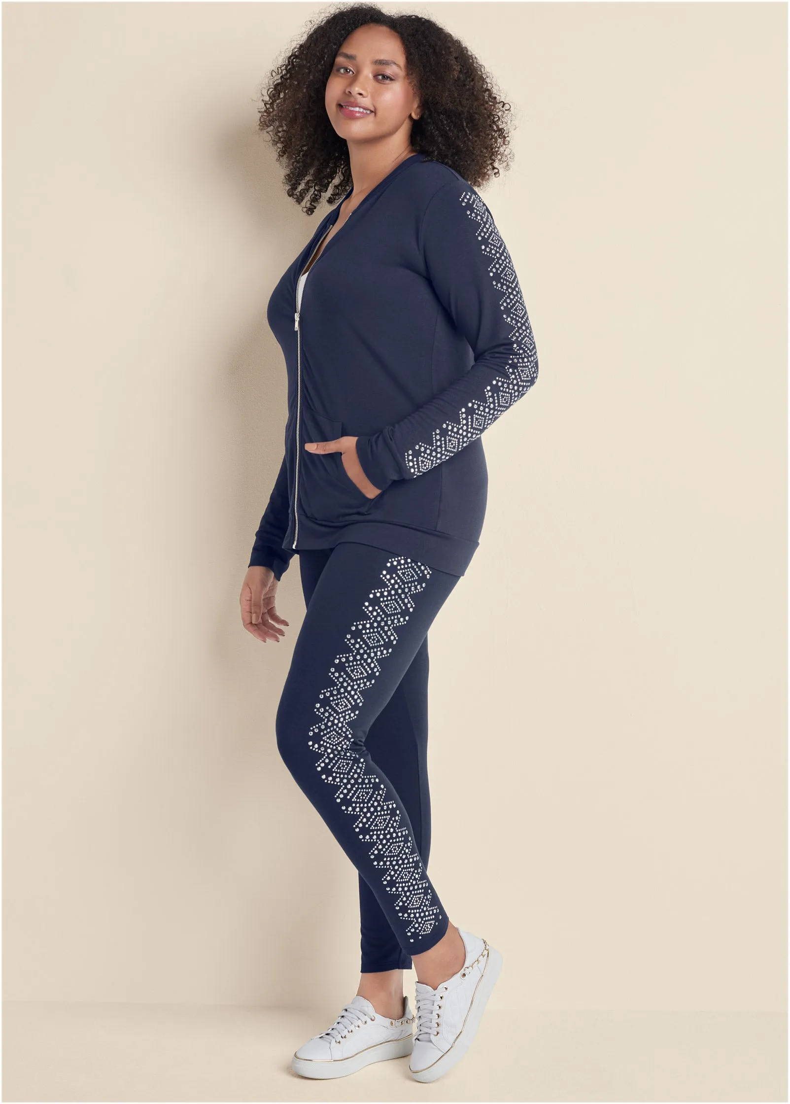 Embellished Lounge Pant Set - Navy