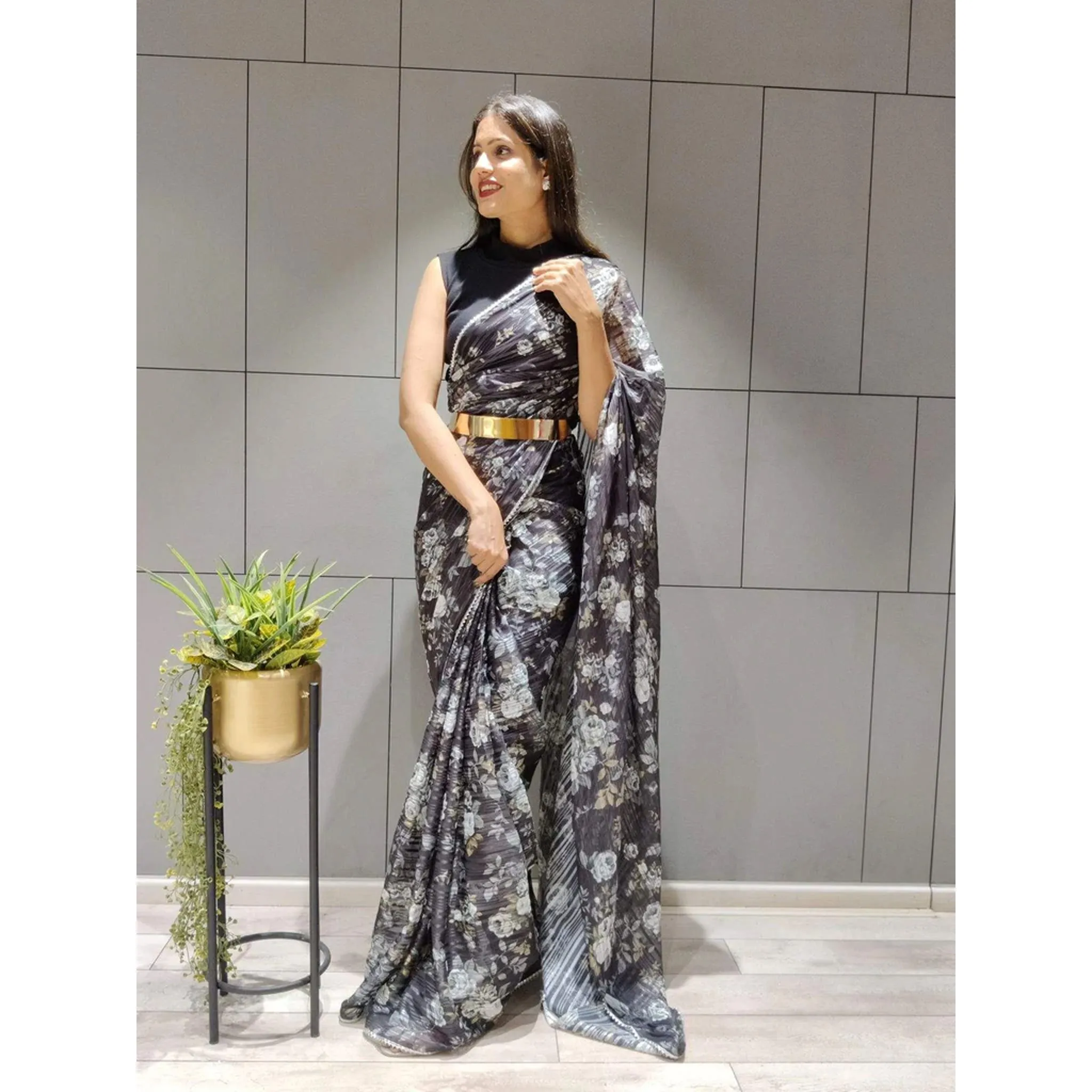 Flower Printed Ready to wear Chiffon Saree with Metal Belt