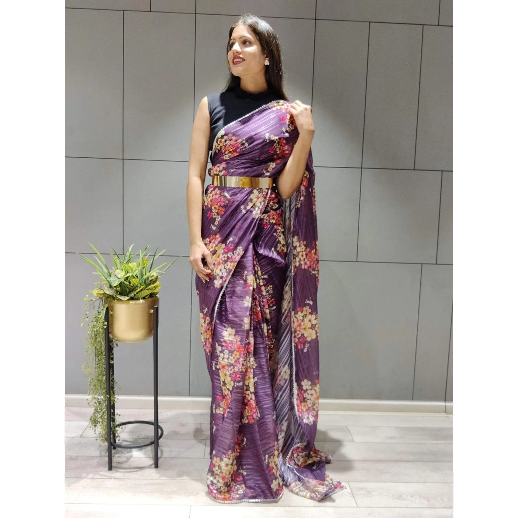 Flower Printed Ready to wear Chiffon Saree with Metal Belt