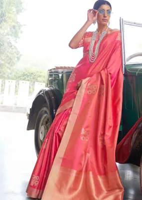 French Rose Pink Zari Butta Banarasi-Chanderi Fusion Silk Saree