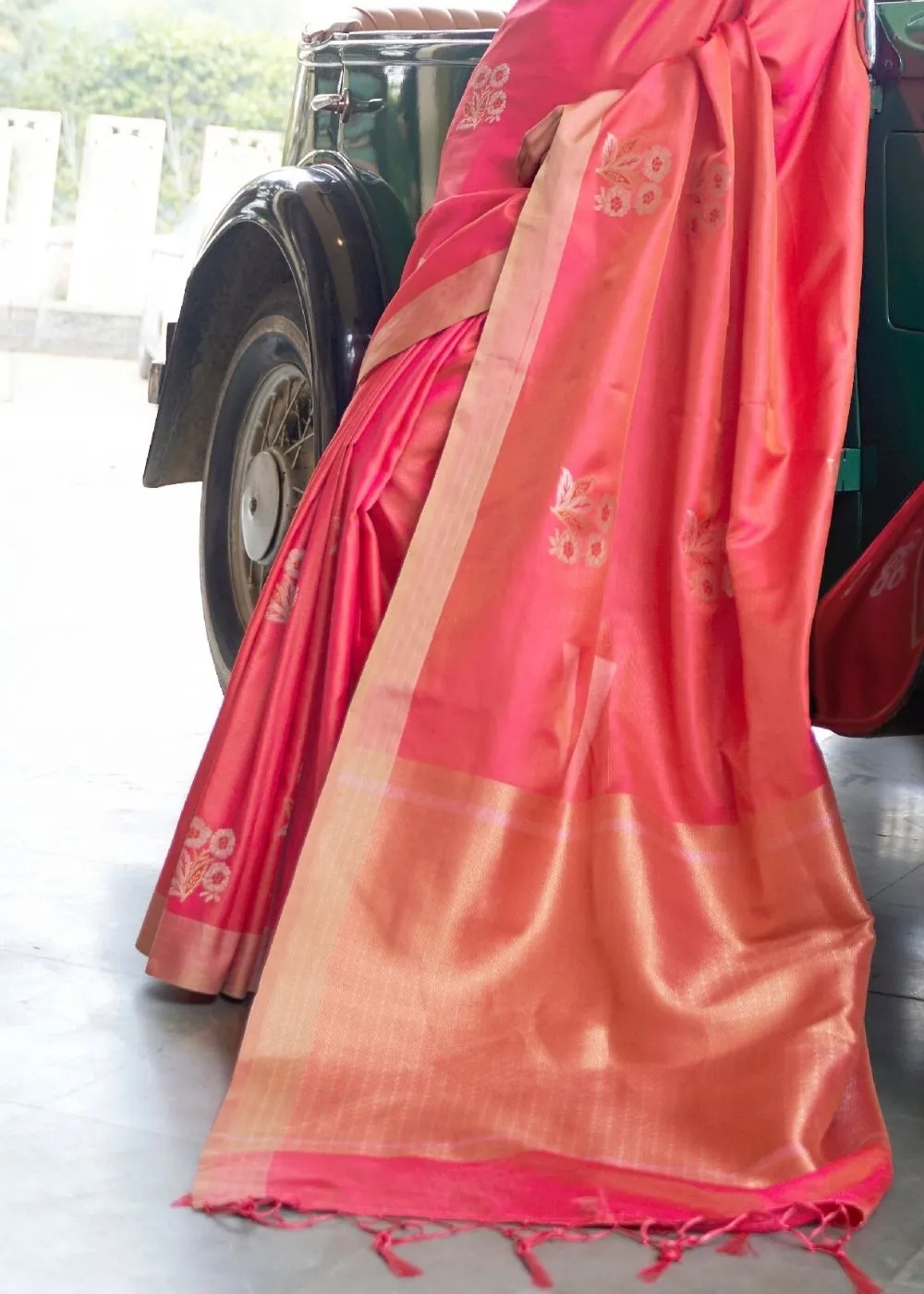 French Rose Pink Zari Butta Banarasi-Chanderi Fusion Silk Saree