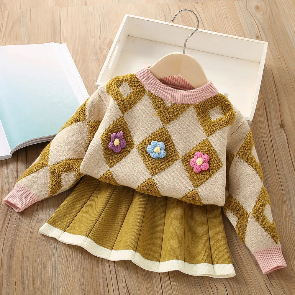 Girls Sweater Set Baby Flower Contrast Color Long Sleeve Knitted Two-piece Set