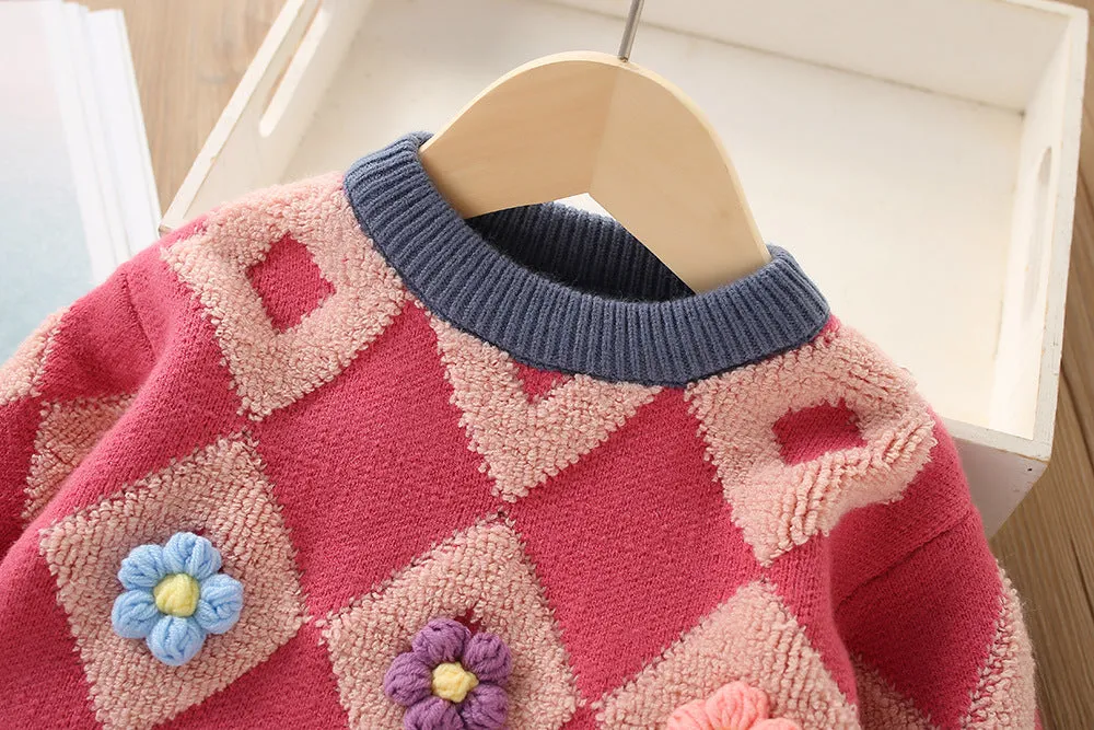 Girls Sweater Set Baby Flower Contrast Color Long Sleeve Knitted Two-piece Set