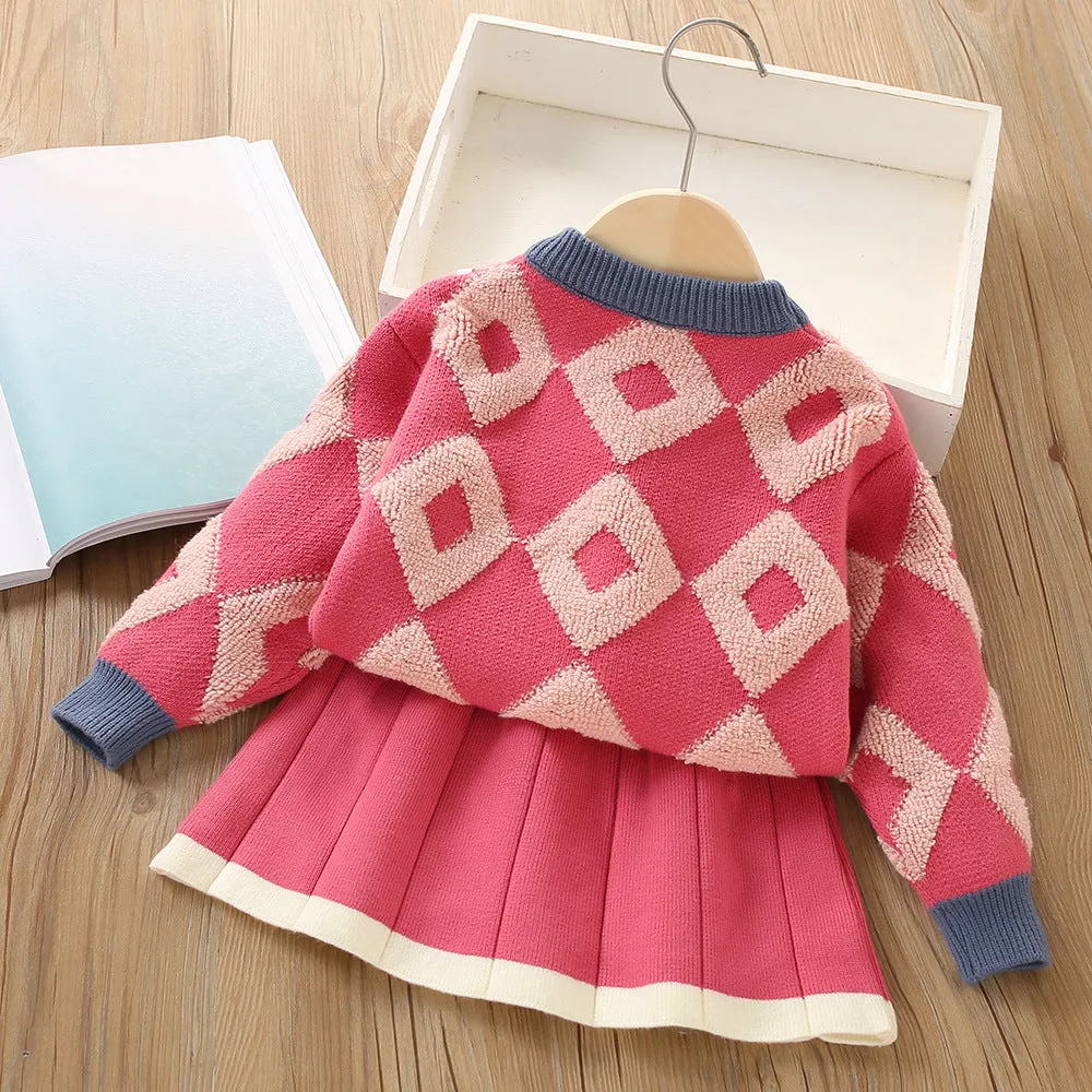 Girls Sweater Set Baby Flower Contrast Color Long Sleeve Knitted Two-piece Set