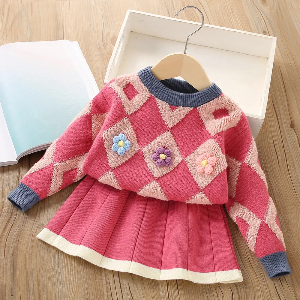 Girls Sweater Set Baby Flower Contrast Color Long Sleeve Knitted Two-piece Set