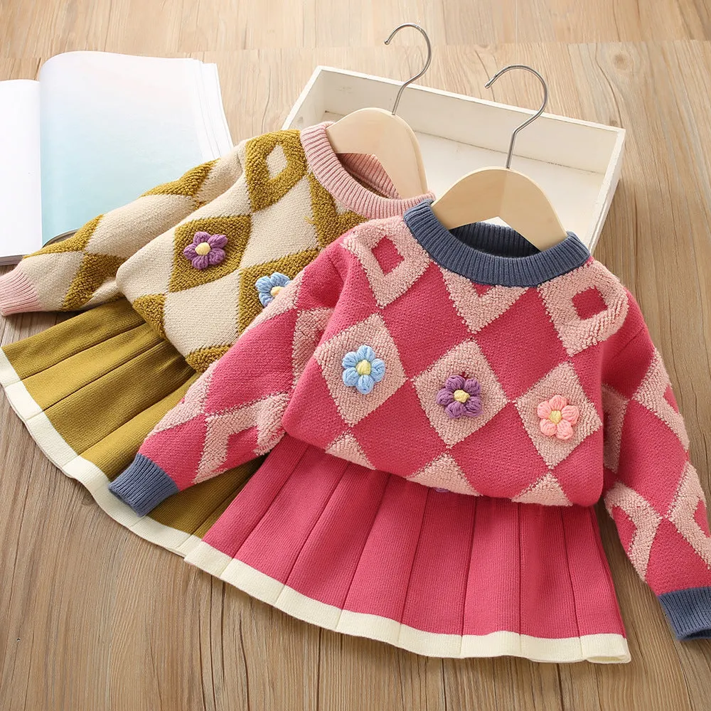 Girls Sweater Set Baby Flower Contrast Color Long Sleeve Knitted Two-piece Set