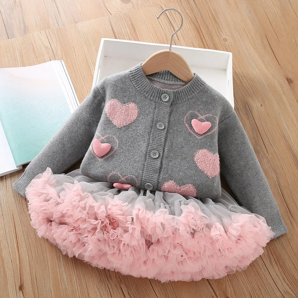 Girls sweater suit 2025 autumn and winter new sweet love style knitted cardigan tutu princess skirt two-piece set