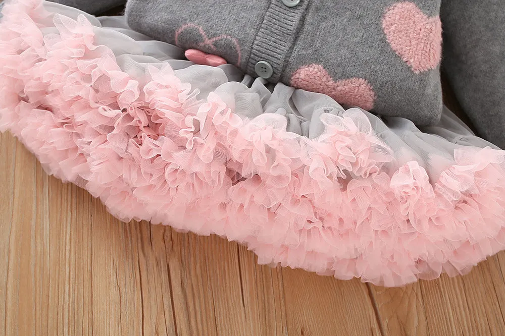 Girls sweater suit 2025 autumn and winter new sweet love style knitted cardigan tutu princess skirt two-piece set