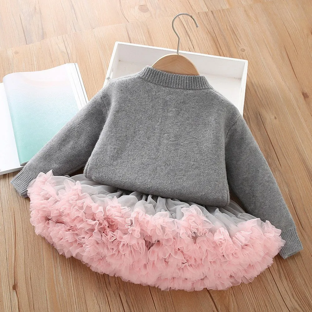 Girls sweater suit 2025 autumn and winter new sweet love style knitted cardigan tutu princess skirt two-piece set