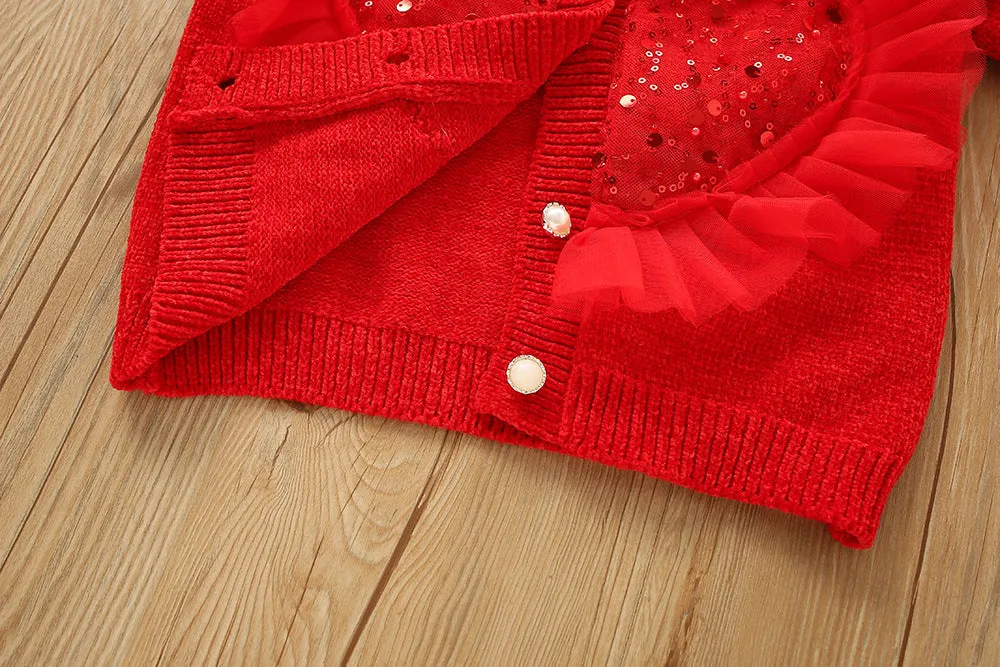 Girls sweater suit 2025 autumn and winter new sweet sequin love style knitted cardigan tutu princess skirt two-piece set