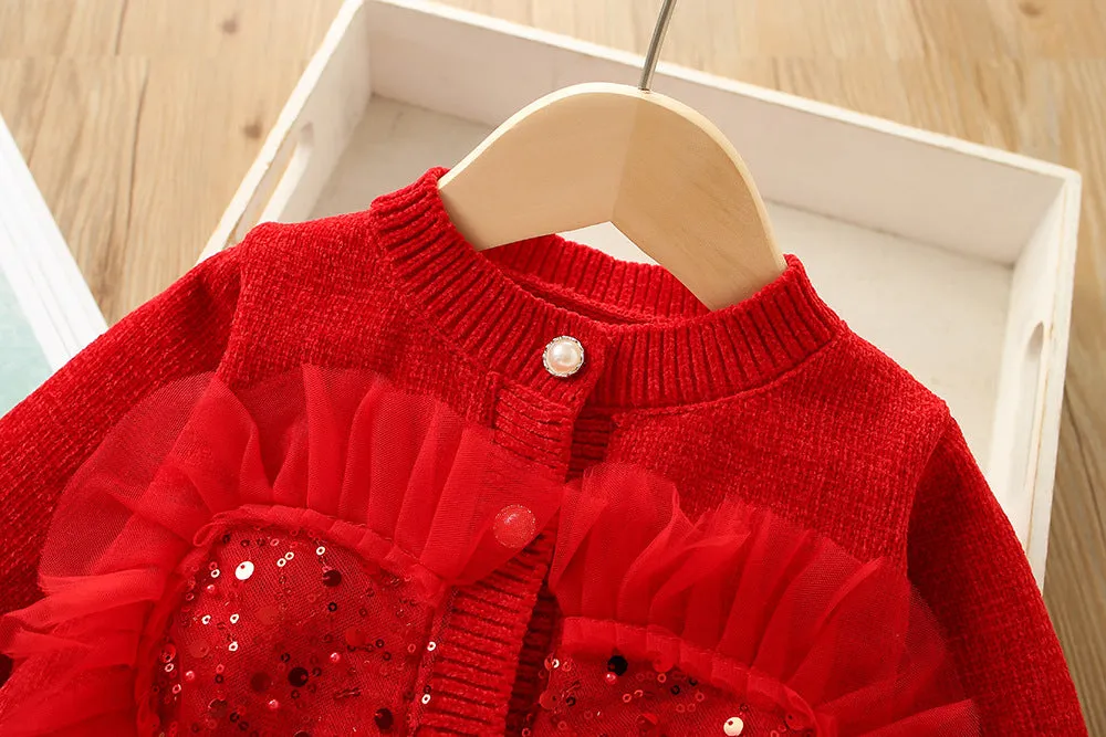 Girls sweater suit 2025 autumn and winter new sweet sequin love style knitted cardigan tutu princess skirt two-piece set