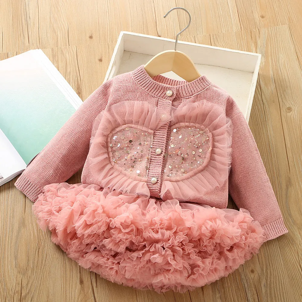 Girls sweater suit 2025 autumn and winter new sweet sequin love style knitted cardigan tutu princess skirt two-piece set