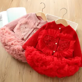 Girls sweater suit 2025 autumn and winter new sweet sequin love style knitted cardigan tutu princess skirt two-piece set