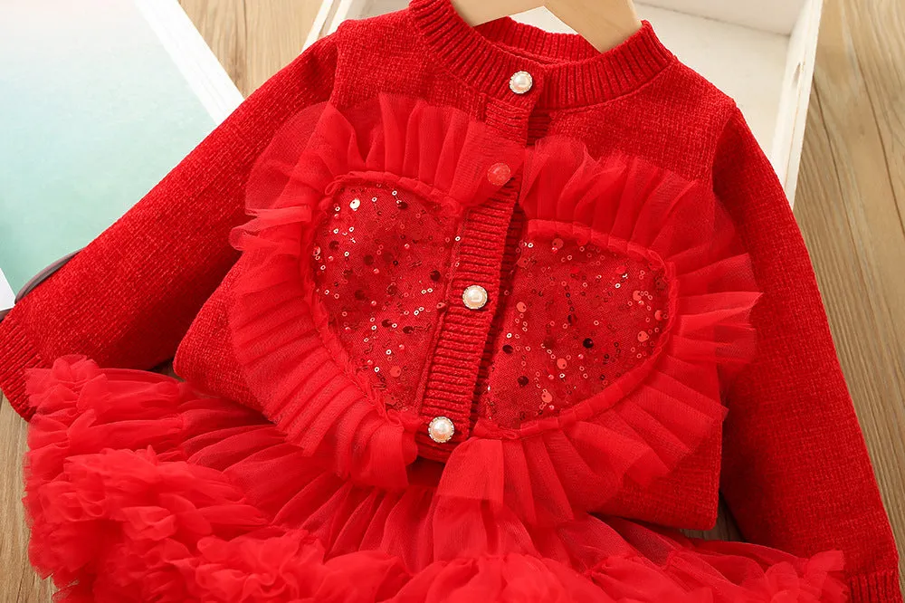 Girls sweater suit 2025 autumn and winter new sweet sequin love style knitted cardigan tutu princess skirt two-piece set