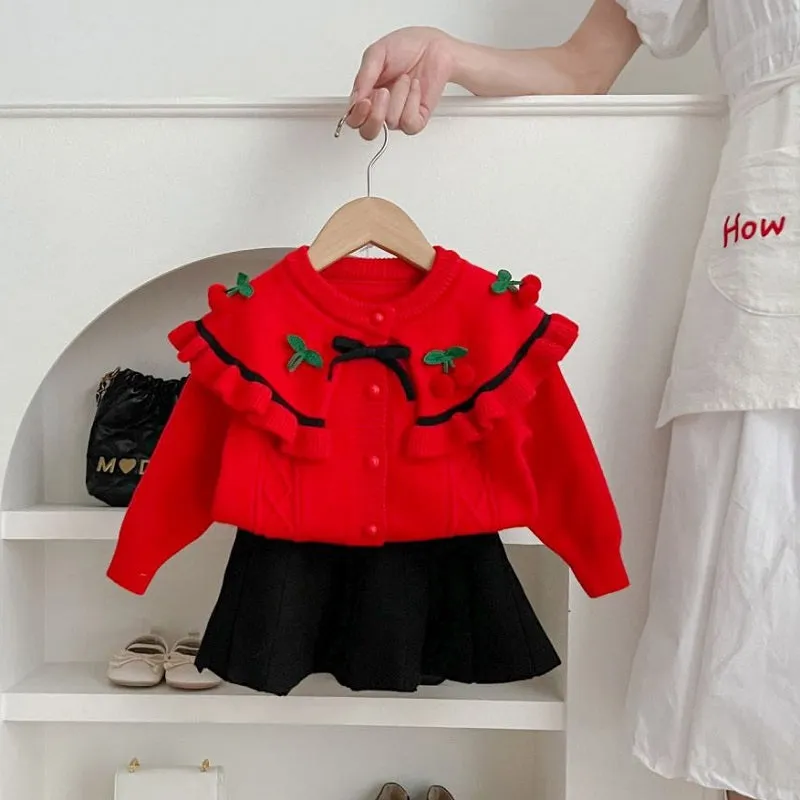 Girls sweater suit autumn and winter new cherry knitted two-piece set