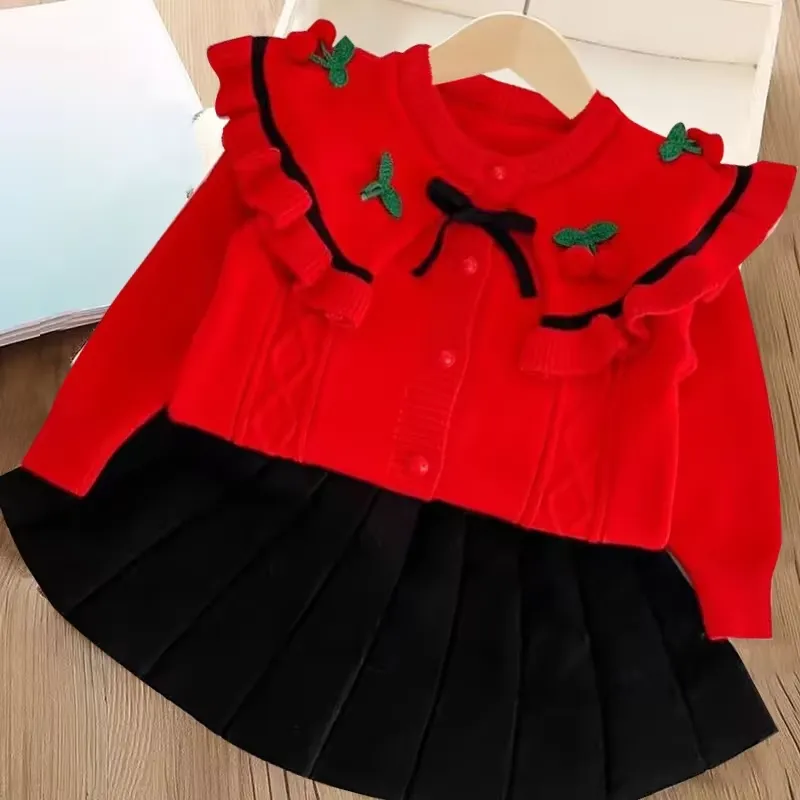 Girls sweater suit autumn and winter new cherry knitted two-piece set