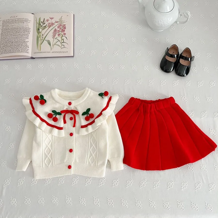 Girls sweater suit autumn and winter new cherry knitted two-piece set