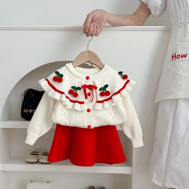 Girls sweater suit autumn and winter new cherry knitted two-piece set