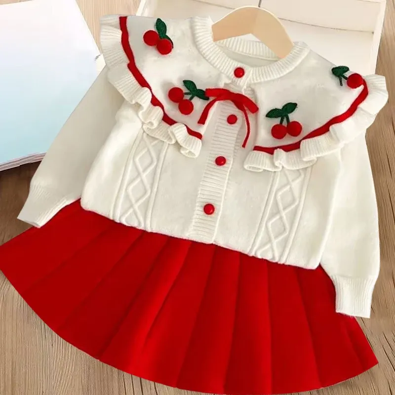 Girls sweater suit autumn and winter new cherry knitted two-piece set