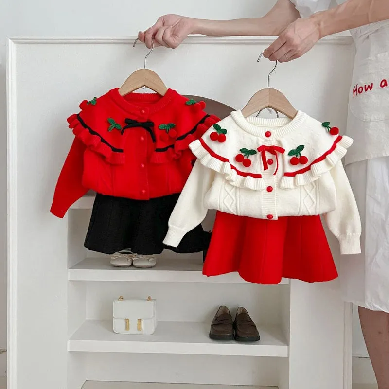 Girls sweater suit autumn and winter new cherry knitted two-piece set