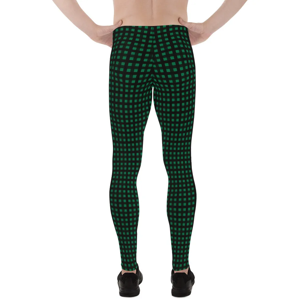 Green Buffalo Plaid Meggings, Dark Green Classic Print Men's Leggings - Made in USA/EU