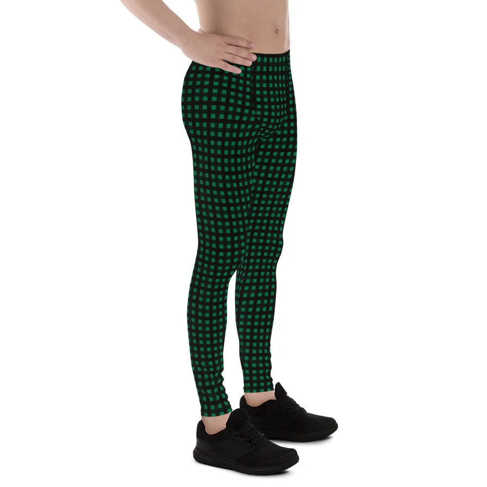 Green Buffalo Plaid Meggings, Dark Green Classic Print Men's Leggings - Made in USA/EU