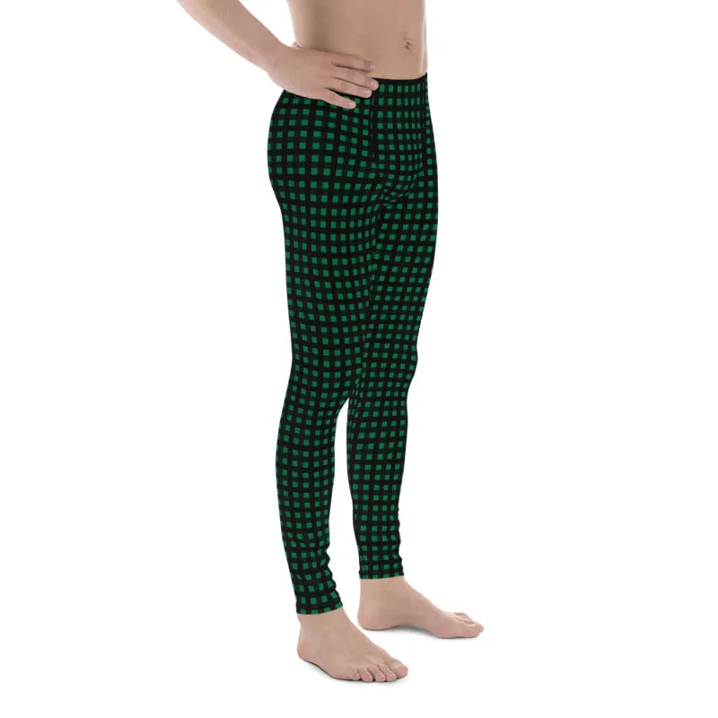 Green Buffalo Plaid Meggings, Dark Green Classic Print Men's Leggings - Made in USA/EU